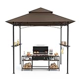 GVDV Grillpavillon 2,4 x 1,5 m – Wetterfeste Grillüberdachung mit 2-stufigem Dach, Ablagen, 10 Haken & Flaschenöffner – Grill Pavillon für Garten & BBQ, Braun