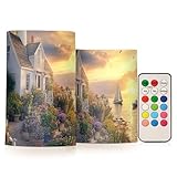 Sunset Seaside Haven Lighthouse Blooms Sailing Dreams flammenlose Stumpenkerzen, flammenlose Kerzenlaterne mit Fernbedienung für Wohnzimmer, 10,2 cm, 12,7 cm, 2 Stück