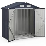 HOMASIS Gerätehaus Metall, Geräteschuppen mit Satteldach, 193x108x196cm, 3,44 m³, Gartenhaus mit 2 Tür & 2 Handschuhen & 4 Lüftungsfenster & Boden, Gartenschuppen Gartenhütte Outdoor wetterfest, Grau