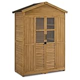 M MCombo Gartenschrank Gartenhaus Holz Wetterfest, Geräteschrank Holzschrank Outdoor Wasserdicht Begehbar, für Außenbereich Balkon Terrasse, Gerätehaus mit 6 Feste Regale 74×143×200 cm (Natur)