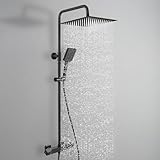 Auralum Thermostat Duschsystem Komplettset Schwarz mit 30cm Edelstahl Regendusche, 6 Strahlarten Handbrause und Höhenverstellbarer Duschstange 88-124cm, Edelstahl Badezimmer Duschgarnitur