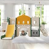 Teahutty 6 in 1 Kinderrutsche, Multifunktionales Rutschenset mit Basketballkorb, Schaukelgestell, Kletterbohrspiel und Stauraum für drinnen und draußen, gelbgrün