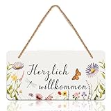 Herzlich Willkommen Schild, Gartenschilder mit Schrift 'HERZLICH WILLKOMMEN'. Willkommensschild Holz Ideal als Wanddeko Outdoor, Herzlich Willkommen Holz für Garten, Terrasse Oder Eingangsbereich