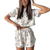 Shorts-Schlafanzug-Set für Damen, kurze Ärmel, bauchfreies Oberteil und kurze hohle Ösen, Lounge-Sets, niedliches bedrucktes Pyjama-Set, elegantes Oberteil und seitlich geteilte Baggy-Hose, 2-teiliges