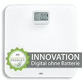 ADE Digitale Personenwaage ohne Batterien | umweltschonende batterielose Waage mit Dynamo | nachhaltige Körperwaage | bis 150kg | Weiß