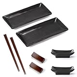 8 PCS Sushi Geschirr Set, 2 Personen Sushi Platte Schiefer mit Dipschalen,Sushi Platte Schiefer mit Dipschalen,Japanisches Geschirr, Ablagebänkchen Dipschalen Schiefertellern,21 × 10cm, Schwarz,Braun