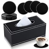 Kosmetiktücher Box aus PU Leder: WIYETY Taschentuchbox Tücherbox mit 5 Untersetzern, Rechteckige Leder Kosmetiktücherbox für Zuhause Büro Auto 24 * 12 * 9.5cm (Schwarz)