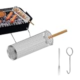 BBQ Grill Basket Round | Gemüse Grillkorb Edelstahl | Grillkorb für Gemüse | Rollenset mit Griff, Gabel, Haken | Grilltrommel Grillnetz | Drehspieß Grillkäfig Basket | Rolling Grilling Würstchenroller