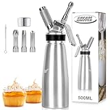 CEOBOAlK Sahnespender 500ml aus Aluminium, Sahnesyphon mit 3 Edelstahl Tüllen und 1 Reinigungsbürsten, Auslaufsicher Schlagsahnebereiter für Sahne Espuma Flasche Desserts Warme und Kalte Saucen