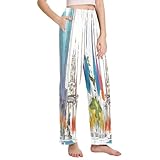 GuoChe Damen-Pyjamahose, dehnbar, bequem, Damen-Pyjamahose, Sweathose, Pyjamahose, Kordelzug, halber Mastflaggen und urbane Architektur