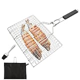 CYEER Grillkorb Fischbräter Edelstahl, Fisch Grillen Gitter, Fisch Grillhalter für den Außengrill mit abnehmbarem und klappbarem Griff Inklusive Edelstahl Heizpinsel und Tragetasche, 35x22CM