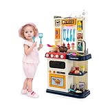 HOMASIS Spielküche mit 65 Zubehör, Kinderküche mit Licht Musik & Sound, Spielzeugküche mit Wasserpumpe Spüle Mikrowelle Ofen Herd, Kinderspielküche Eckküche für Kinder ab 3 Jahren (Blau)