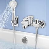 Wannenarmatur Badewannenarmatur mit 5 Strahlarten Handbrause, Einhand Wasserhahn Badewanne Mischbatterie Aufputz Wannenbatterie Dusche Duscharmatur, 1.5m Edelstahl Schlauch, Wandhalterung, Chrom
