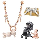 GYHWOFUL Kinderwagenkette Häkelhasen Design, Kinderwagen Spielzeug mit Glocken und Stern Perlenanhängern, Holz Kinderwagenkette Geschenk zur Geburt für Neugeborenen Mädchen Junge