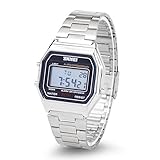 Armbanduhr Digital, Herren Damen Elektronische Uhr LED Rücklicht Rechteck Uhr mit Edelstahl Bügel (Silber)