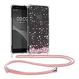 kwmobile Necklace Case kompatibel mit Huawei P10 Lite Hülle - Silikon Cover mit Handykette - Rosa Dunkelbraun Transparent Kirschblütenblätter