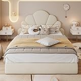 Luxeza Einzelbett Polsterbett, Kopfteil mit geschwungenen Blütenblättern, einfach, stilvoll und bequem, Modernes Bettgestell, Samt, Beige (140 * 200cm)