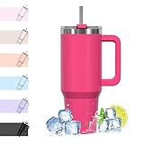 WATERSY 40oz Kaffeebecher to Go Thermobecher Doppelwandiger Edelstahl Vakuum Auslaufsicher Trinkbecher mit Griff und Strohhalm, Tragbare Autobecher Thermal Tumbler Dunkelrosa für Kalte Heiße Getränke