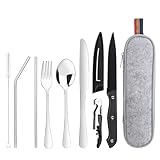 Reisebesteck Camping Besteck To Go, 9-Teilig Edelstahl Besteck mit Bestecktasche, Tragbare Campingbesteck, Camping Cutlery Set, (Silber)