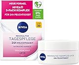 NIVEA Reichhaltige Tagespflege 24h Feuchtigkeit (50 ml), Gesichtscreme für trockene Haut mit LSF 30, feuchtigkeitsspendende Tagescreme mit natürlichem Mandelöl