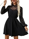 SweatyRocks Damen Kleider Elegant Kurz Kleid mit Öse Langarm Freizeitkleid mit Spitze Stehkrage Damenkleid A Linie Minikleid Herbstkleid Schwarz M