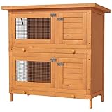 PawHut Kleintierstall Kleintierhaus mit Asphaltdach Zwergkaninchenstall doppelstöckig Meerschweinchenstall wetterbeständig Kleintierkäfig Tierstall für Outdoor Tannenholz 90 x 45 x 90 cm Gelb