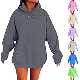 Kapuzenpullover für Damen, übergroßes Sweatshirt, Pullover, Basic, langärmelig, lässig, lockeres T-Shirt, einfarbig, Bluse, Teenager, Mädchen, Kleidung mit Tasche, violett, 5XL