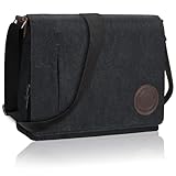 Leathario Umhängetasche Herren 14 Zoll, Messenger Bag aus Echtleder und Canvas, Arbeitstasche Studententasche Laptoptasche Schultertasche Kuriertasche Collegetasche Uni Studenten，Arbeit Schwarz