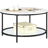 VASAGLE Couchtisch, Wohnzimmertisch, Sofatisch, für Wohnzimmer, mit Glasplatte, viel Stauraum, einfacher Aufbau, moderner Stil, marmorweiß-tintenschwarz LCT071B13