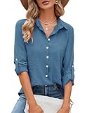 Damen Elegant Bluse,V-Ausschnitt Kragen 3/4 Arm Einfarbig Casual Tunika Tops,Basic Loose Locker Musselin Hemdbluse,Button Down Office Wear Trendy Oberteile Tops Oberteile Tshirts (Grau Blau,Large)