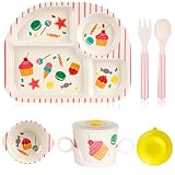 RANJIMA Kindergeschirr Set, 5-teiliges Geschirr Set mit Saugnapf, Kinderschüssel mit Saugnapf, Baby Menü Tablett, ohne Melamin, BPA-frei, Teller,Becher mit Deckel, Löffel, Gabel (Eiscreme)