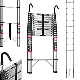 5M Teleskopleiter mit Haken Edelstahl Leiter Klappleiter Ausziehleiter Stehleiter Rutschfester, Teleskop-Design, aus hochwertigem Edelstahl, Tragbar, Leichte, 150 kg Belastbarkeit