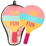 MIJOMA Beach Ball Set aus Holz – 2 Schläger & 2 Bälle im Sommerdesign – Strandspiel für Kinder & Erwachsene – Outdoor Spielset in praktischer Tasche – 40 x 24,5 cm (Sun and Fun)
