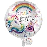 balloa Personalisierter Ballon XXL mit Namen, Geschenk zum Schulstart, Helium Ballon rund, Folienballon Einhorn Motiv, Regenbogen Deko Mädchen, Schulkind Luftballon Einschulungsfeier 53cm
