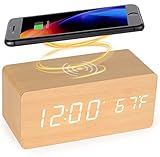 LySuyeo Digitaler Wecker aus Holz mit Kabelloser Ladestation,5W Fast Wireless Charger for iPhone/Samsung Galaxy, Digitaler Wecker Ohne Ticken, Alarm Clock Uhr Für Schlafzimmer Home Office (Bambus)