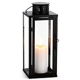 Schwarz Laternen für Draußen mit Henkel - 24x10x10cm Wetterfeste Kerzenlaterne aus Metall & Glas - Für Garten, Balkon, Terrasse & als Grablaterne - Robustes Windlicht für Draußen (Ohne Kerzen)