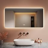 LOMIKEN Badspiegel mit Beleuchtung, 120x60x3.5cm, Wandspiegel mit 3.5 cm kupferfreiem Glas, LED mit 3 Farben dimmbar Anti-Beschlag-Funktion Touch-Schalter