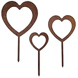 EXTRAVAGANT® 3er Set Herzen Stecker Gartendeko Gartenstecker Gartenschild Grabschmuck Pflanzenstecker Metall Stahl Rost Edelrost wetterfest für Garten Beet Roststecker Blumenstecker