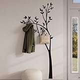 Wandgarderobe Paneel Baum– Design Garderobenleiste in Schwarz – Moderne Garderobe für Flur – Wandpaneele mit 6 Kleiderhaken 190x83cm – Minimalismus-Stil – Flurgarderobe Schmal - Kleiderhaken Garderobe