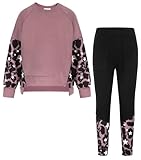 GRACE KARIN Kinder Mädchen Sweatshirt Outfits Herbst Tracksuit 2-teilig Pullover Rundhals Top Leggings Sweatpants Sportsuit Dunkelrosa Leopard 8-10 Jahre