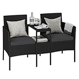 STEELSØN Gartenbank mit Tisch Velara aus Polyrattan, Sitzgruppe für 2 Personen, Balkonmöbel 2er Sofa mit Polster wetterfest, Gartensofa Terrassenmöbel in schwarz/anthrazit 81x65x135 cm (HxTxB)