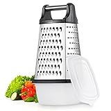 TELANKS Vierkantreibe Edelstahl, Grater Kitchen, 4-seitige Reibe mit Behälter, Reibe für Gemüse, Käsereibe, Küchenreibe, 4 unentbehrliche Küchenfunktionen für Grobes, Mittleres, Feines und Hobeln