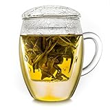 Creano Teeglas all in one, Große Teetasse mit Sieb und Deckel aus Glas, 400ml ein idealer Teebereiter