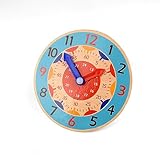 Kikuo 14CM Lernuhr Grundschule, Lautlos Bunte Lernuhr mit Stunden-und Minutenzeiger Lernspielzeug, Lernuhr Kinder Holz für Haus, Spielzimmer und Klassenzimmer (Blau)