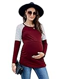 KOJOOIN Damen Stillshirt Langarm Schwangerschaftsshirt Rundhals Umstandsshirt Schwangere Nursing Tops gestreiftes Umstandsmode Weinrot XXL