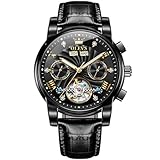 OLEVS Herrenuhr Leder Skelett Automatik Mechanisch Tourbillon Kalender Mondphase Leuchtend Wasserdicht Luxus Business Armbanduhr, 7088: Schwarzes Zifferblatt und schwarzes Leder