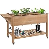 Ketive Hochbeet, 141 x 61 x 81,3 cm, mobiler erhöhter Holz-Pflanztopf mit feststellbaren Rädern, Aufbewahrungsregal, Schutzeinlage (braun)