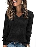 Fisoew Damen Pullover V-Ausschnitt Leicht Langarmshirt Elegant Gerippt Strickpullover Basic Sweatshirt Loose Oberteil mit Knopf,Schwarz,L