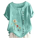 Keepink Damen Sommer Tops 2024 Lose Casual Blusen Baumwolle Leinen Shirts Boho Bestickt Top Kurzarm Knopf T-Shirt Vintage Tunika Pullover Elegante T-Shirts Große Größe 14-28, 04 x Mintgrün, 40