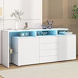 Ymkua Sideboard, Buffetschrank, Kommode mit 2 Türen und 4 Schubladen, Wohnzimmerschrank, Standschrank, TV-Schrank, Wohnzimmerwand, LED-Vitrine, Buffetschrank Esszimmer, 160x35x70 cm (White)